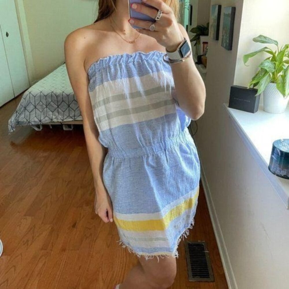 LemLem Strapless Striped Raw Hem Mini Swim Dress